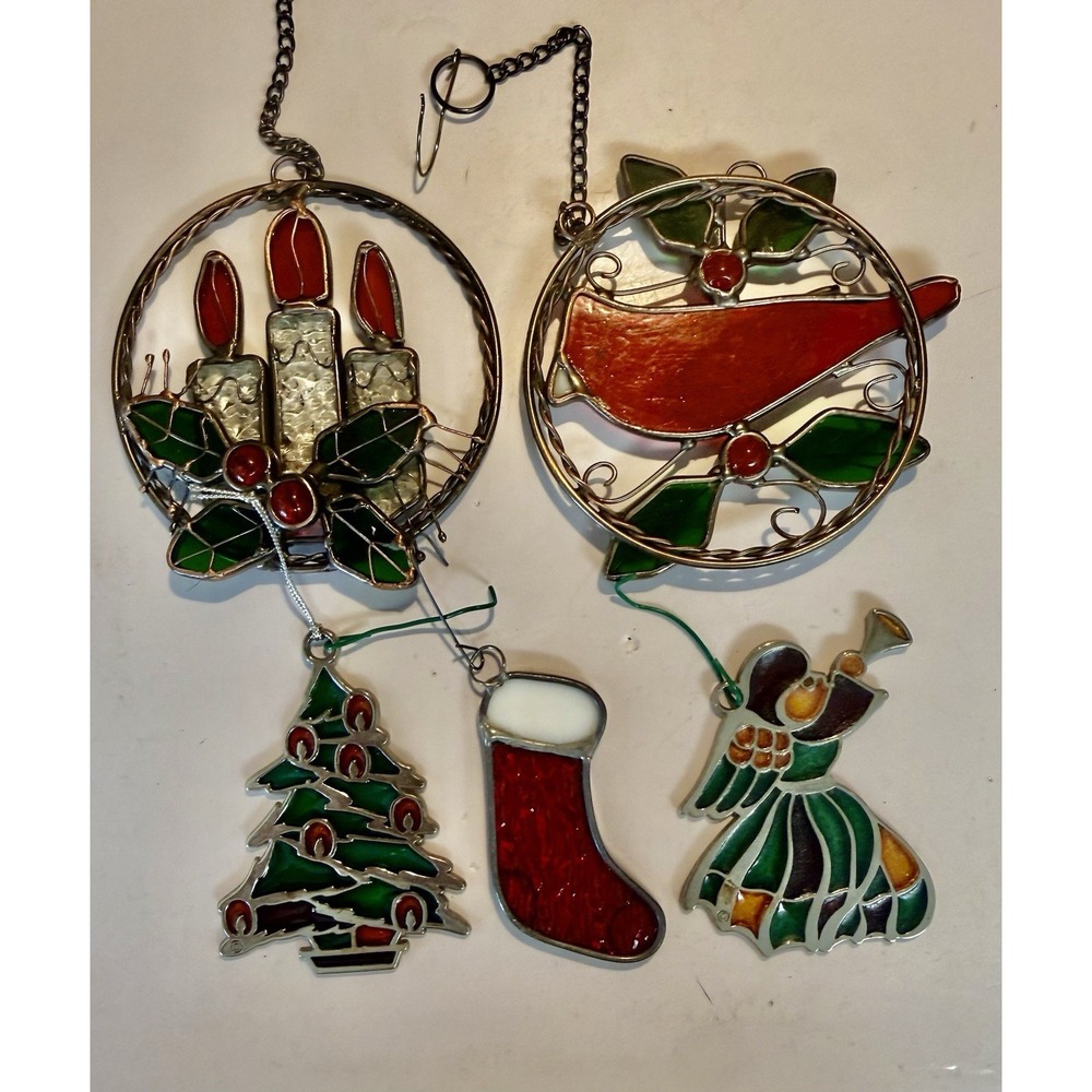 Lot of 5 Vtg stained glass suncatchers Angel Cardinal Ornaments
